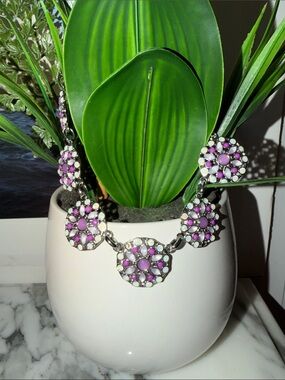 WHBM New Silver-Tone Purple Floral Boho Statement Necklace